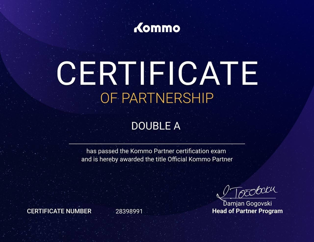 Сертификат Kommo Double A